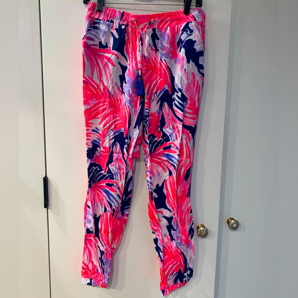 Lilly Pulitzer Piper Drawstring Pants Pink Blue Tropical Print Small